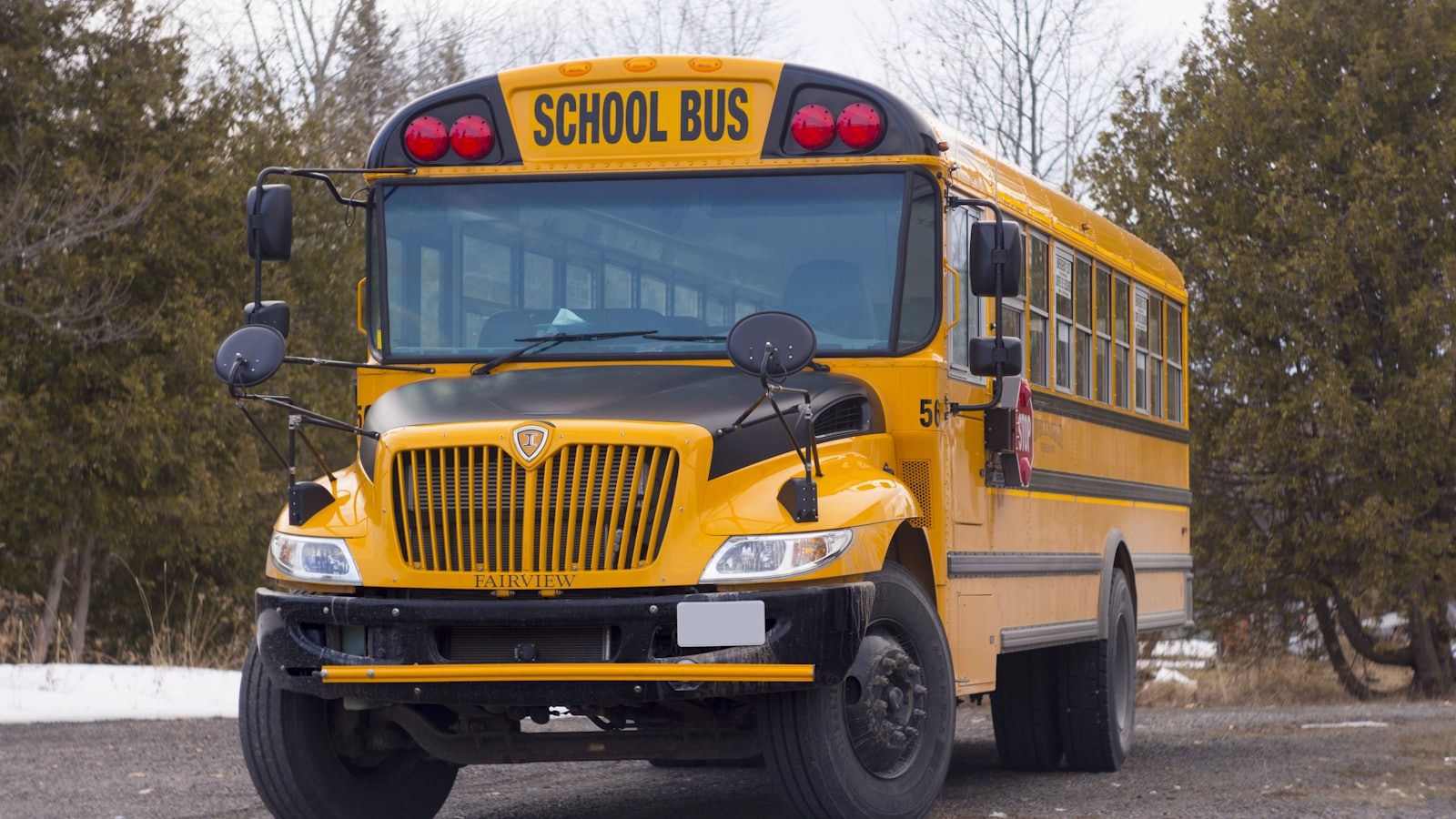 A yellow school bus parked at the edge of a lot