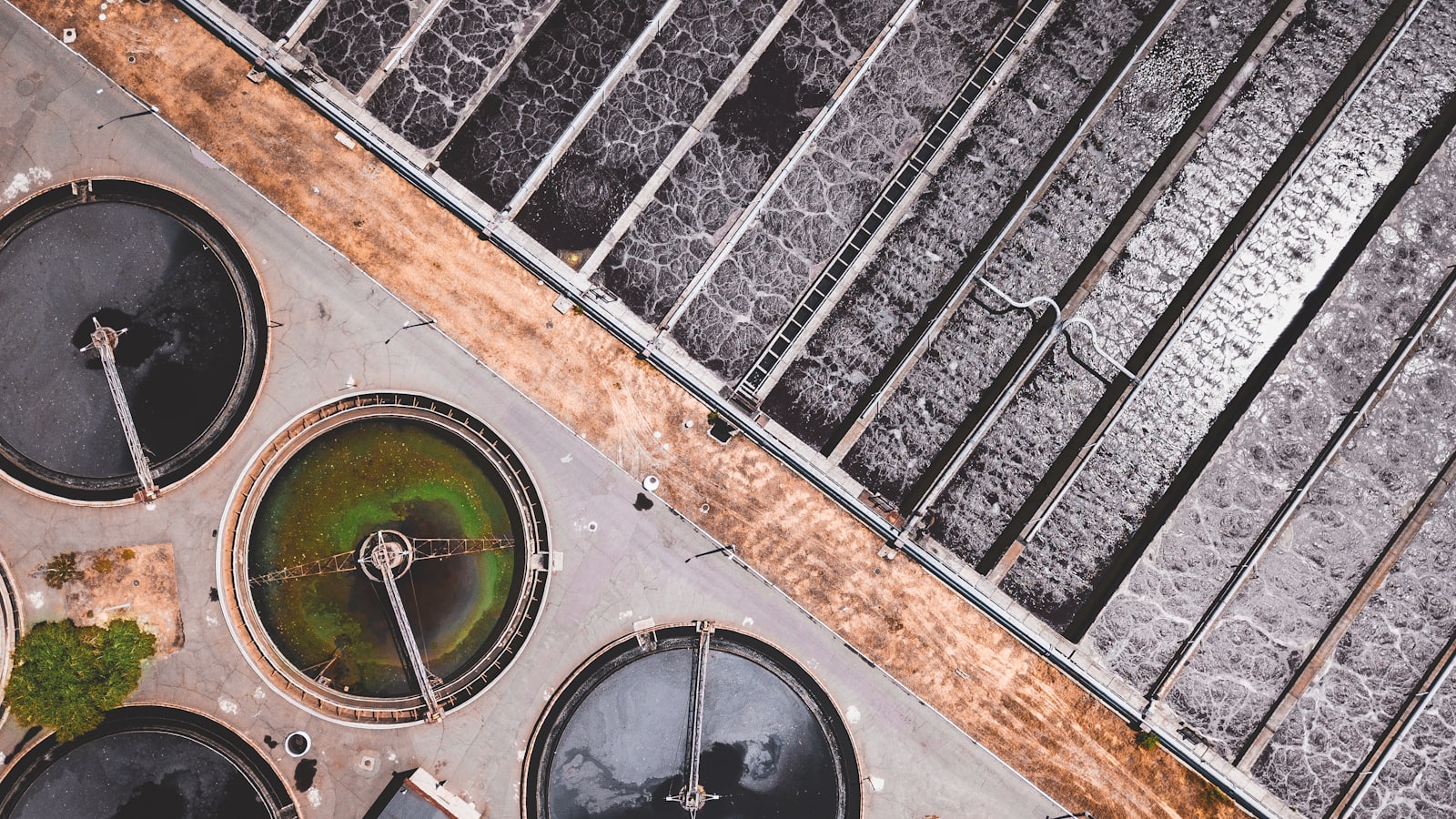 An aerial view of a municipal water treatment plant