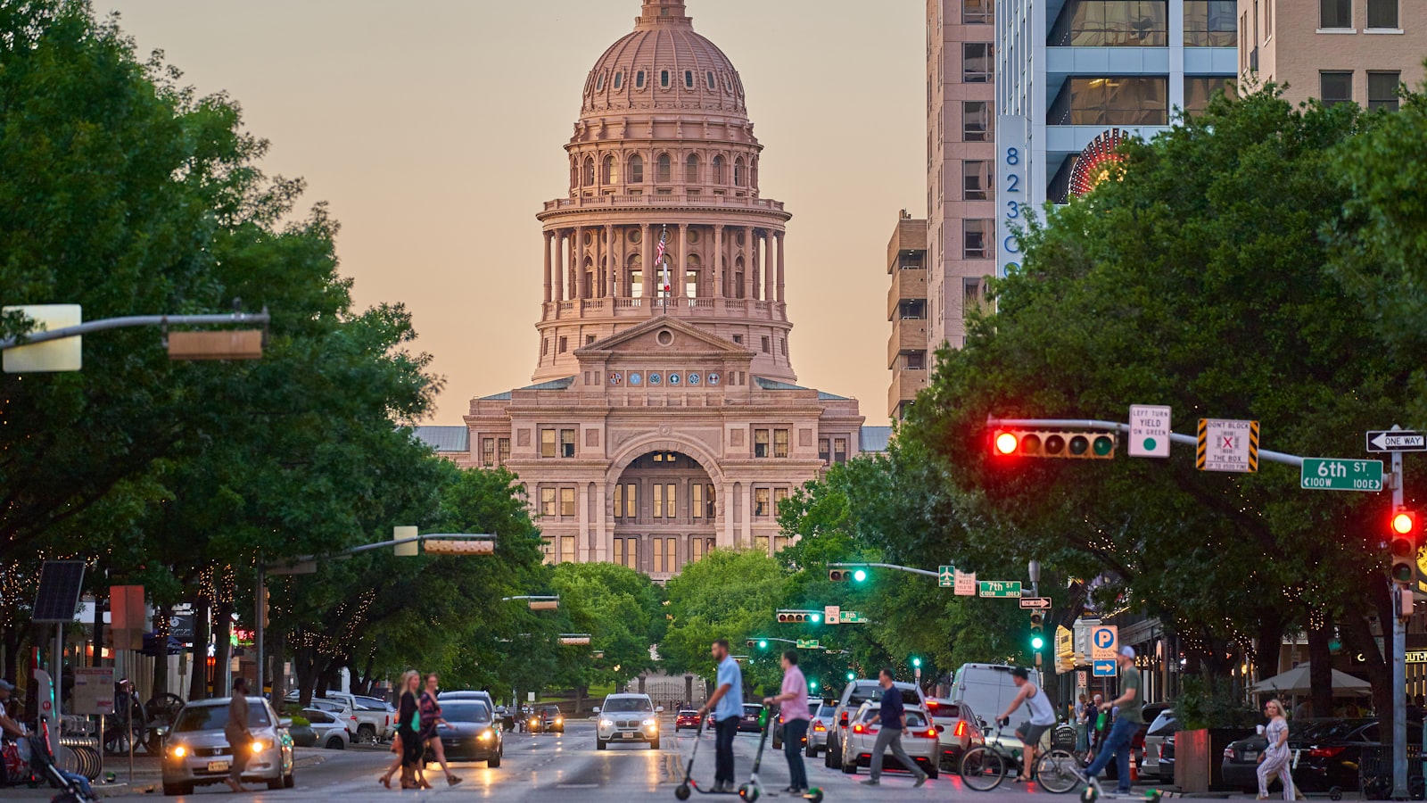 The Texas State Capitol in Austin, seen down Congress Avenue at dusk
