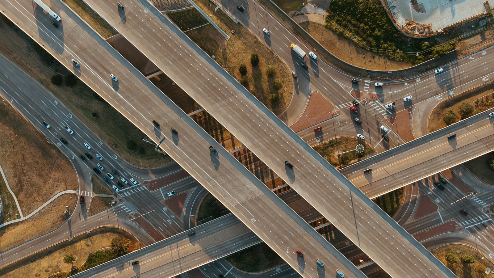 An aerial view of a multi-level Texas highway interchange